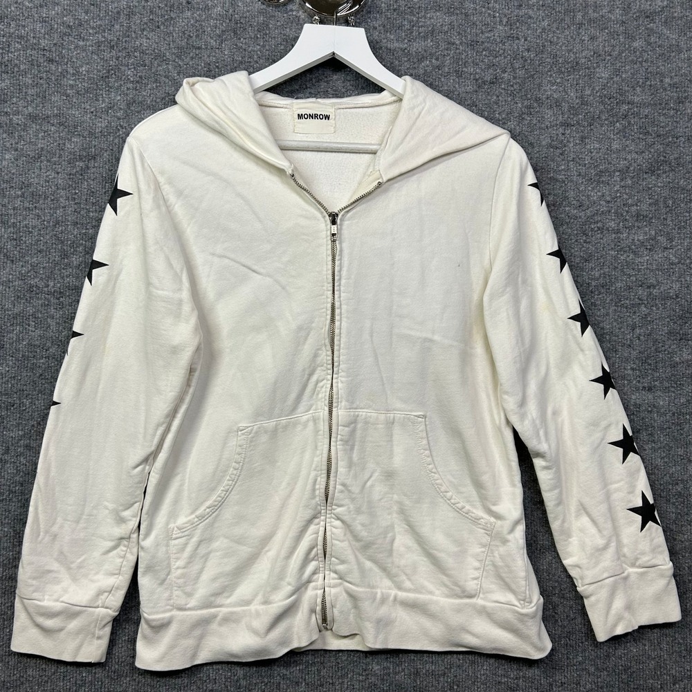 Monrow Full-Zip Hoodie Women XS White Good Star Print Fleece USA Made HJ0122